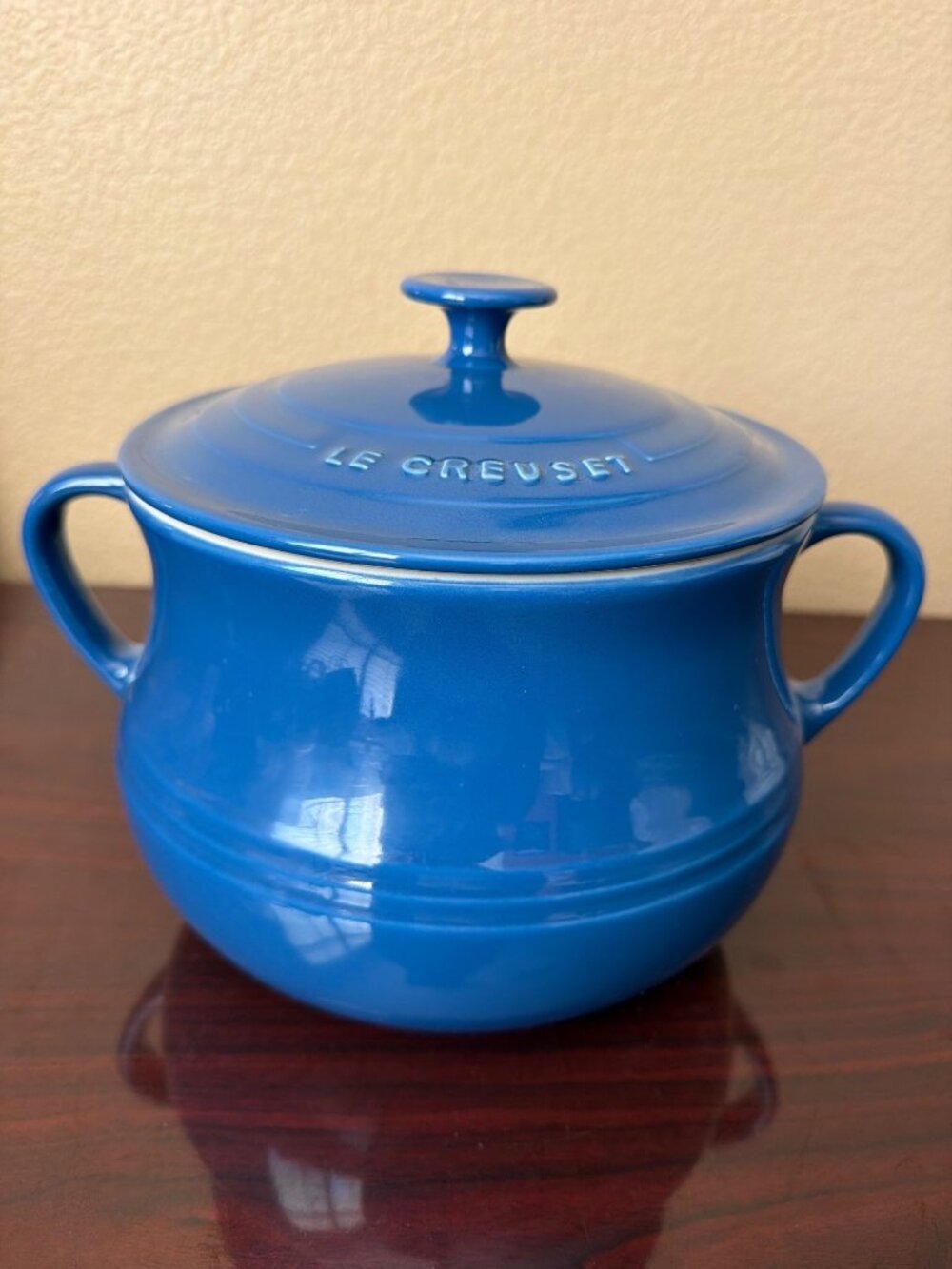 Vintage Le Creuset Blue Stoneware Covered Bean Pot Serving Casserole 4 Qt Soup T